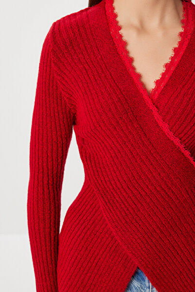 Lovelyİstanbul Pulover din tricot cu guler dublu cu dantelă LRG0045 ROȘU