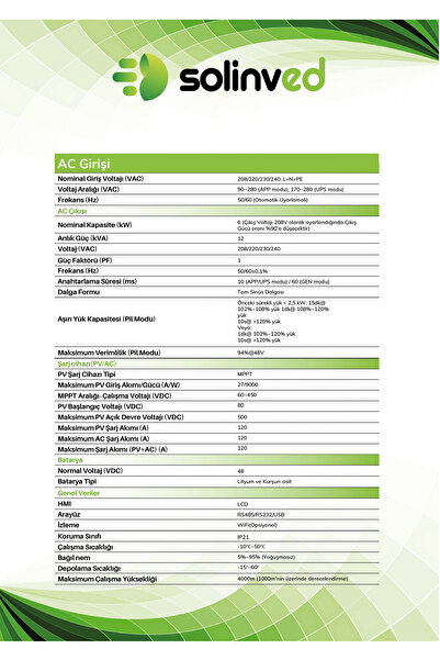 SOLİNVED 6.0 kW Gordion Serisi MPPT Off-Grid Invertör