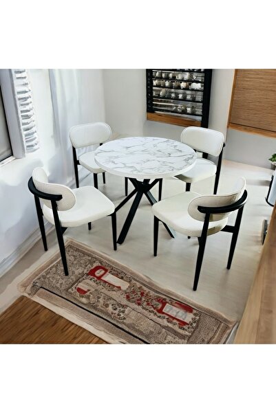 Modern Style Home Yeliz Mutfak Masa Takımı 4 Kişilik Beyaz Mermer Desenli