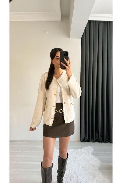 Sedaunlu Sammy Premium Gold Geçişli Triko Hırka Ceket Krem