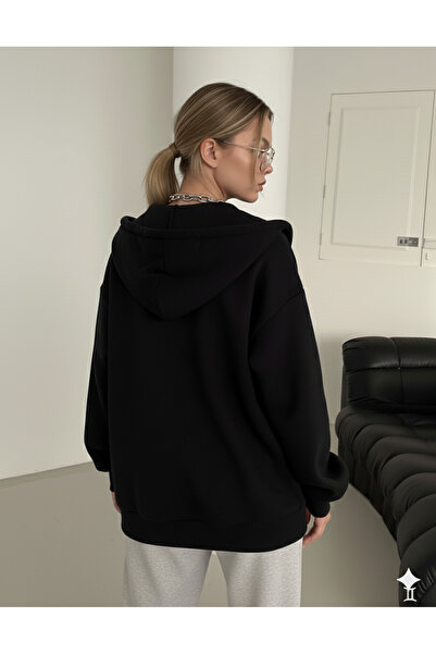 dwnwear Black Plain Zippered Hooded Balloon Sleeve Cardigan 3 Thread Cotton