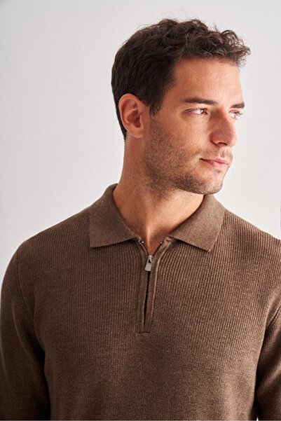 İmza Καφέ πουλόβερ με φερμουάρ με μακρύ μανίκι χωρίς τσέπες Comfort Fit Casual βαμβακερό πλεκτό πουλόβερ 1012255202