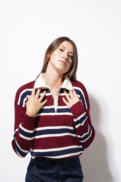 CKM MODA Arey Striped Polo Neck Buttoned Sweater Burgundy