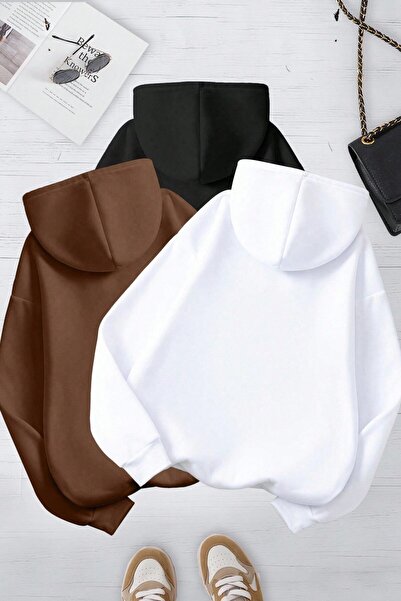 MODAGEN Unisex 3'lü Kahve Siyah Beyaz Kapüşonlu Oversize Sweatshirt