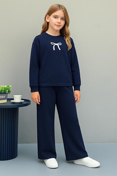 MORNİNG KİDS Lányok minimalista masnis mintás sötétkék, bő nyakú pulóver – bő szabású sötétkék tréningruha szett
