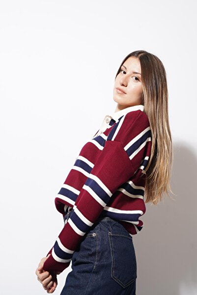 CKM MODA Arey Striped Polo Neck Buttoned Sweater Burgundy