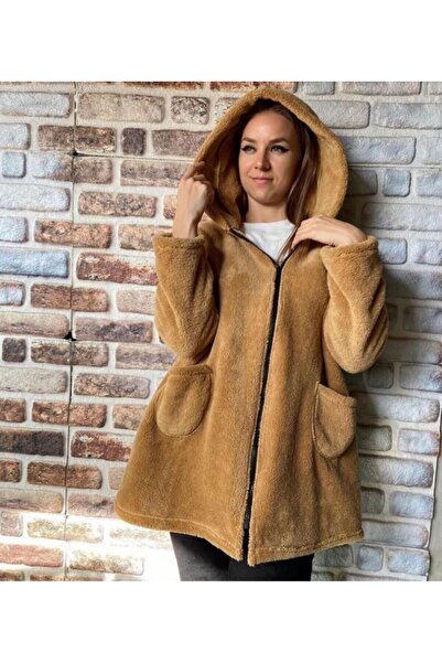 AGORATEKSTİL Kadın Oversize Fermuarlı Kapüşonlu Peluş Welsoft Ceket