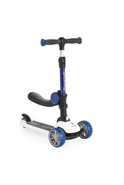 Maserati Children's Scooter Blue, 2-in-1 Transformable with Seat, LED Wheels, Quick Folding, Age 18-