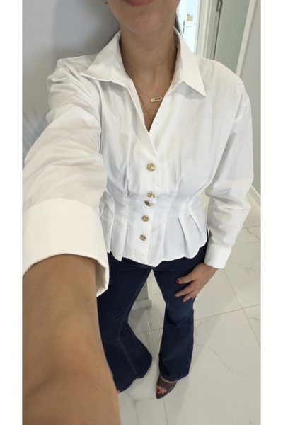 BİRCANÇİL Palma Ecru Gold Button Detailed Pleated Shirt