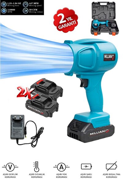 Millian Mavi Çift Akülü Turbo Hava Üfleme - Şarjlı Jet Turbo Fan Yaprak Toz S...