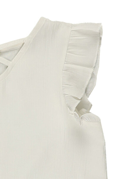 Panço Kız Ecru Dokuma Yuvarlak Yaka Bluz