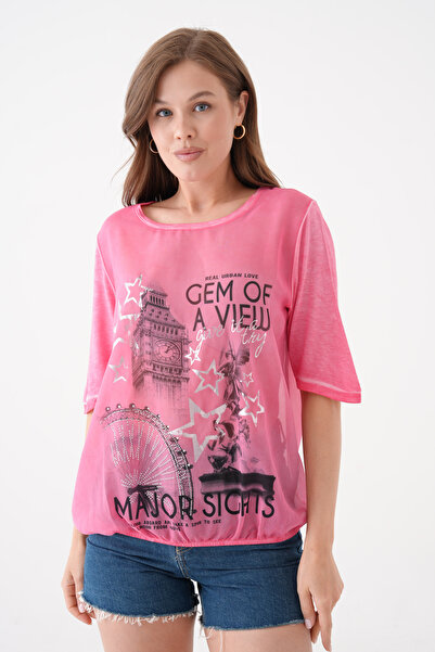 loia Tricou de damă, roz, cu imprimeu, cu gât turnat, cu mânecă scurtă, croia...