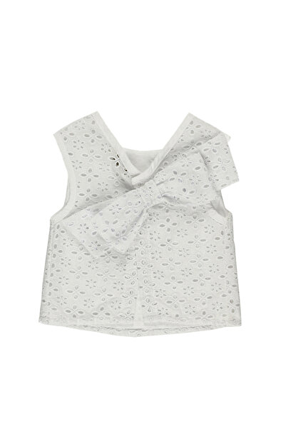 Panço Kız Beyaz Dokuma Yuvarlak Yaka Bluz