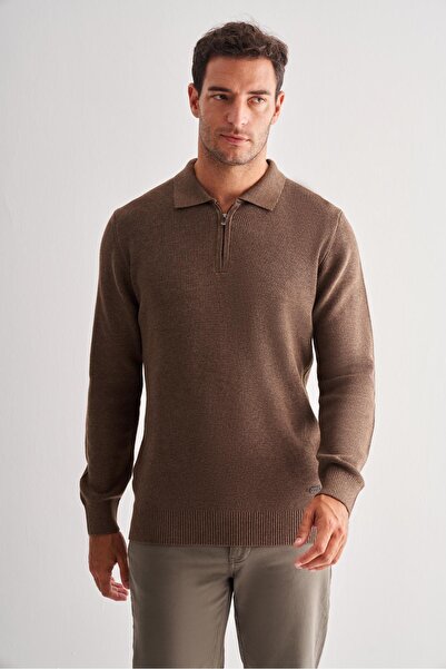 İmza Καφέ πουλόβερ με φερμουάρ με μακρύ μανίκι χωρίς τσέπες Comfort Fit Casual βαμβακερό πλεκτό πουλόβερ 1012255202
