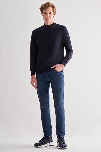 İmza Dark Navy Half Turtleneck Long Sleeve Pocketless Comfort Fit Classic Cotton Knitwear Sweater 1012255208