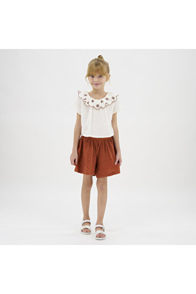 Panço Kız Ecru Dokuma Geniş Yaka Bluz