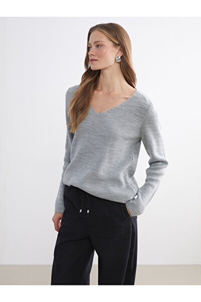 LC Waikiki Gray V-Neck Women's Knitwear Sweater