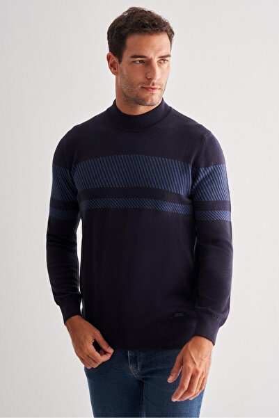 İmza Dark Navy Half Turtleneck Long Sleeve Pocketless Comfort Fit Cotton Knitwear Sweater 1012255213