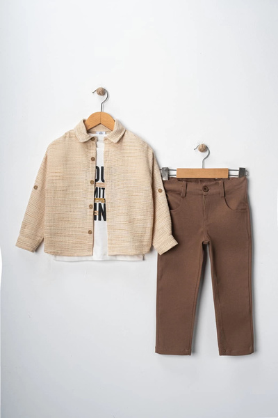 Bontino Erkek Çocuk Kolu Ayarlanabilir Gömlekli Pantolonlu Baskılı Tişörtlü Ü...