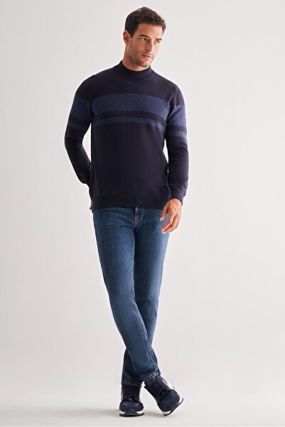 İmza Dark Navy Half Turtleneck Long Sleeve Pocketless Comfort Fit Cotton Knitwear Sweater 1012255213