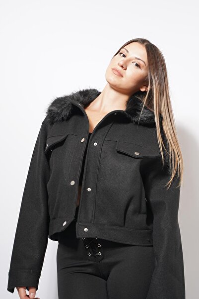 Pafi Moda Palton Elesri cu detalii din blană negru