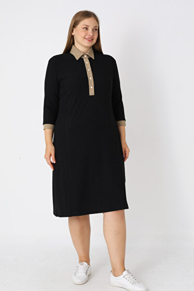 İntensive Siyah Desenli Truvakar Kollu Düğmeli Jakarlı Kumaş Kadın Büyük Beden Elbise