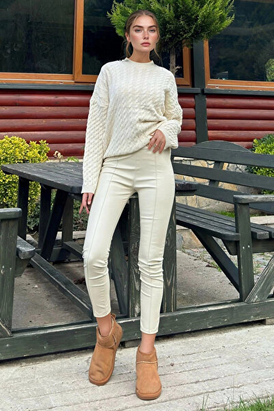 loia Γυναικείο κολάν σε εκρού δερμάτινη απόχρωση με λεπτομέρεια ραφής LOİA25-...