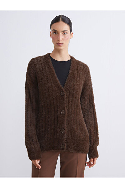 LC Waikiki Kahverengi V Yaka Kadın Pelüş Triko Hırka