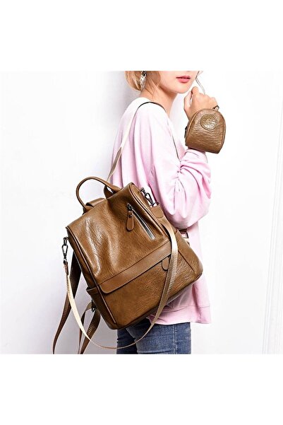 OEM Rucsac de damă, maro, cu portofel, 30x29x14cm