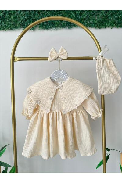 Hobidik Baby Kız Bebek Krem Çift Kat Müslin Çiçek Detaylı Mevlüt-Özel Gün Elbisesi