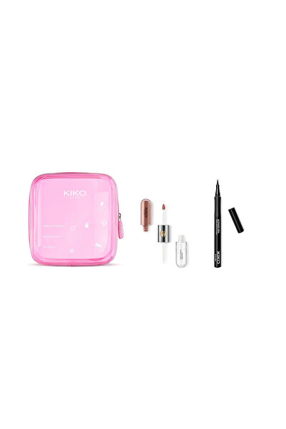 Kiko Lipstick & Eyeliner Gift Set with Pink Mini Bag – Natural Rose & Black