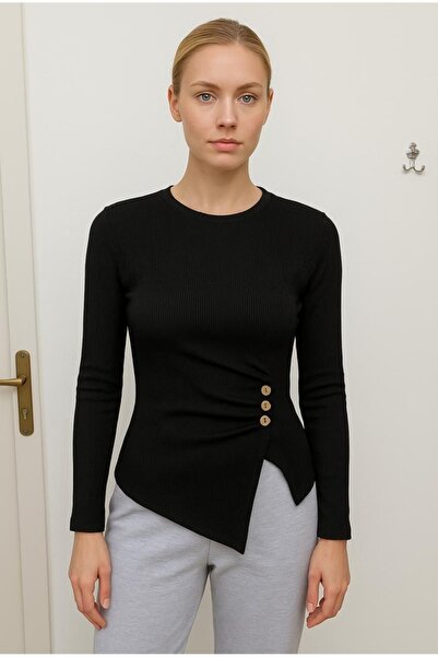 Chicup Aura بلوزة نسائية سوداء مطوية بأزرار محبوكة