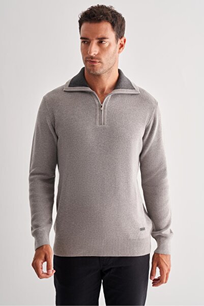İmza Gray Zippered Half-Fisherman Long Sleeve Pocketless Comfort Fit Casual Cotton Knitwear Sweater 1012255204