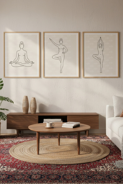 Tontilika Yoga Pozları 3’lü Minimalist Ahşap Çerçeveli Tablo Seti