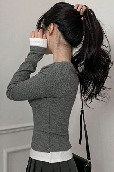 Karakedi Füme Dantelli Fiyonklu Ekli Y2K Uzun Kollu Crop