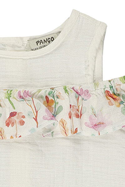 Panço Kız Ecru Dokuma Yuvarlak Yaka Bluz