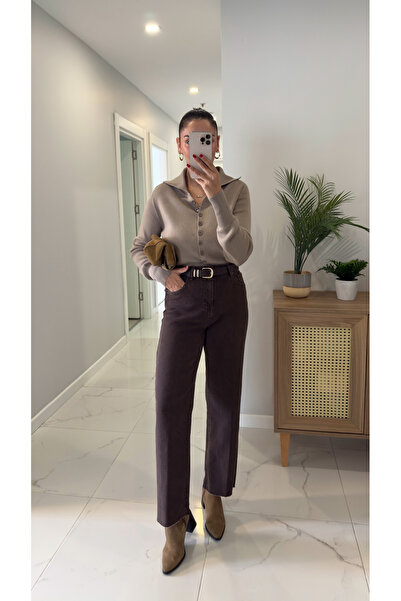 BİRCANÇİL بنطلون جينز مستقيم من ميلوتي كافيه ويتشينج كيستد باتش مع حزام