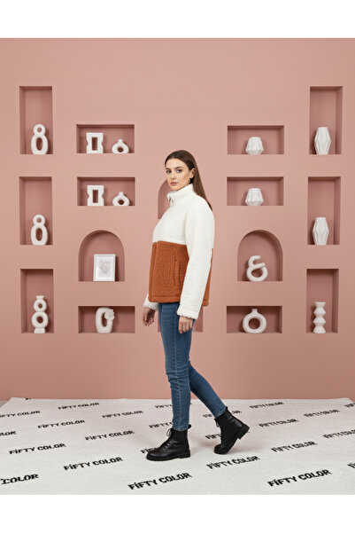 Fifty Color Trend, Women'S, Cinnamon - White, Color Block, Zipper, Stand-Up Collar, Sherpa, Fleece, Jacket