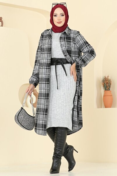 ModaMerve Gömlek Yaka Ekose Tunik 3062KTR750-MS Desen2 Siyah