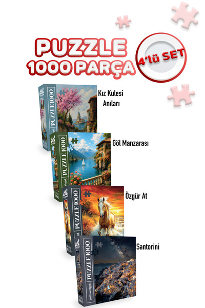 Neverland 4 ADET 1000 PARÇA PUZZLE -KIZ KULESİ ANILARI VE GÖL MANZARASI VE ÖZGÜR AT VE SANTORİNİ