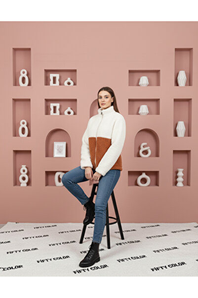 Fifty Color Trend, Women'S, Cinnamon - White, Color Block, Zipper, Stand-Up Collar, Sherpa, Fleece, Jacket