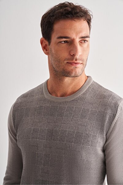 İmza Ανοιχτό γκρι πουλόβερ με μακρύ μανίκι χωρίς τσέπες Comfort Fit βαμβακερό πλεκτό πουλόβερ 1012255217