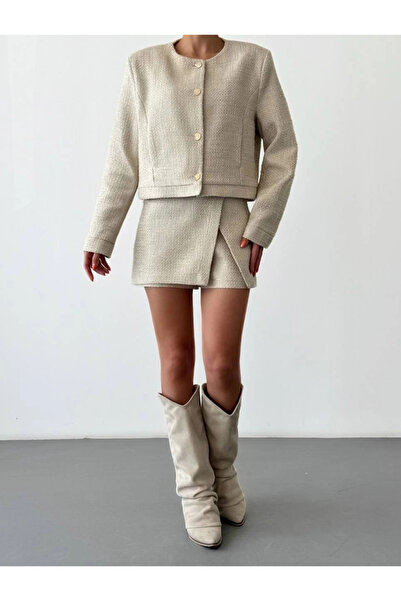 Myra Yuvarlak Yaka Düğmeli Tüvit Ceket Bej