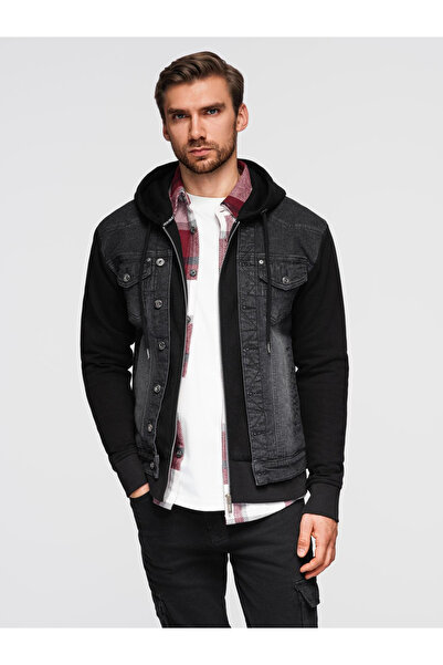 OMBRE Herren-Jeansjacke mit gestrickten Ärmeln und Kapuze - Schwarz OM-JADJ-0220