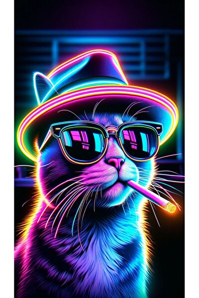 özkacar NEON SİGARALI KEDİ V1 Ev Duvar Salon Güzellik Salonu Ofis Dükkan Dekarasyon Kanvas Tablo