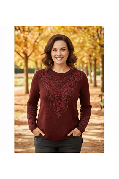 Oppland Women's Winter Sweater Crew Neck Cotton Cardigan Knitted Embroidered Beaded Full Fit