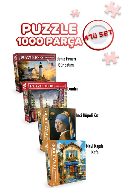 Neverland 4 ADET 1000 PARÇA PUZZLE -MAVİ KAPILI KAFE VE İNCİ KÜPELİ KIZ VE DENİZ FENERİ GÜNBATIMI VE LONDON