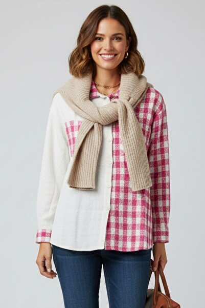 Kübra Tekstil Women's Pink Oversize Fit Plaid Patterned Long Sleeve 100% Cotton Shirt, Jacket, Women's Lumberjack Shirt