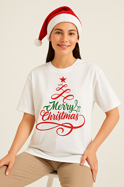 ocke تي شيرت أبيض كبير الحجم مكتوب عليه شجرة عيد الميلاد وعيد ميلاد سعيد