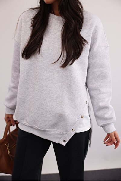 Ecenin Favorileri Gray Asymmetrical Snap Button Detail Women's Sweatshirt